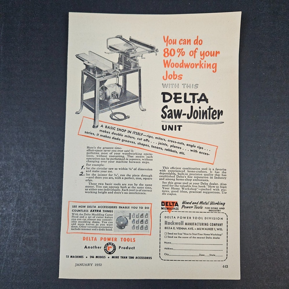 1952 Delta Power Tool Division Saw-Jointer Unit Rockwell Mfg Co Vintage Print Ad
